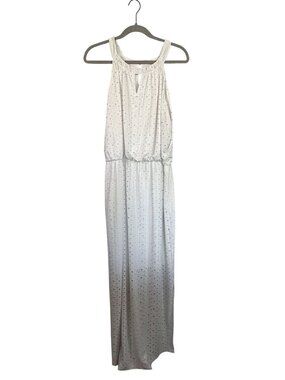 London Times White Sleeveless Eyelet Maxi Dress L Polyester Spandex Keyhole Neck